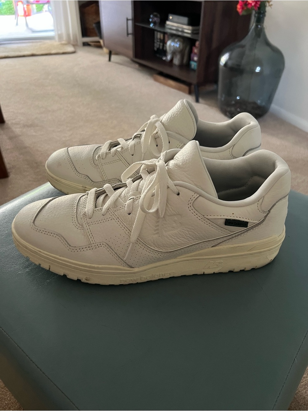 New Balance Men's BB550PWT Sea Salt/Angora/Nightwatch Green leather shoes.